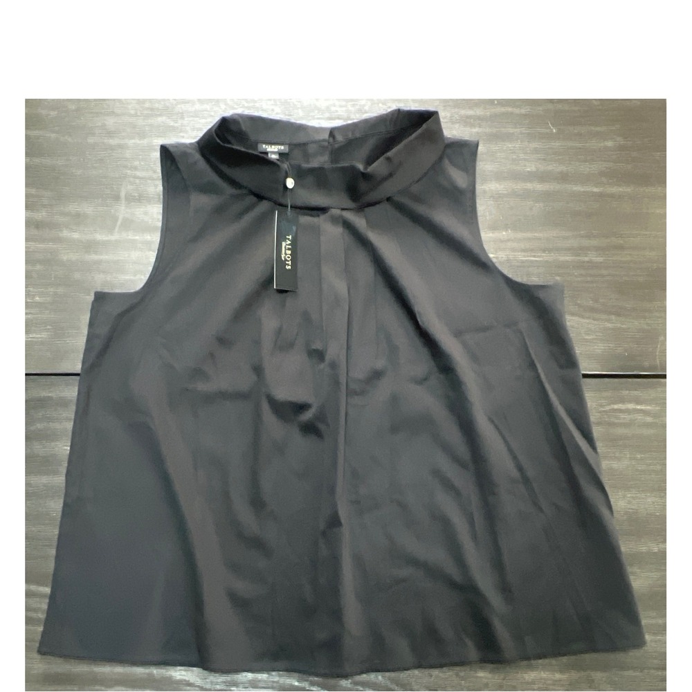 Talbots Sleeveless Blouse Black Mock‎ Neck Button Back Pleated XL NEW